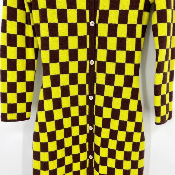 The Elder Statesman | Cabernet Yellow Checkered Cashmere Knit Cardigan Dress S - Picture 8 of 15